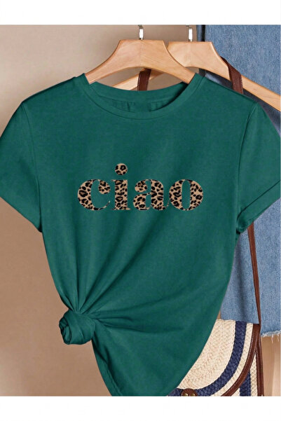 Trend Sizde Unisex Green Ciao Printed Crew Neck T-Shirt