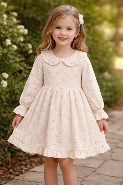 Bilge Trend Κοριτσάκι, στρογγυλός γιακάς ΚΡΕΜ Φορέματα, Γενέθλια, Γάμος, Εορτ...