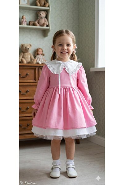 Sare Çocuk Giyim Kız Çocuk Bebek Pamuklu Pembe Uzun Kol Elbise + Toka