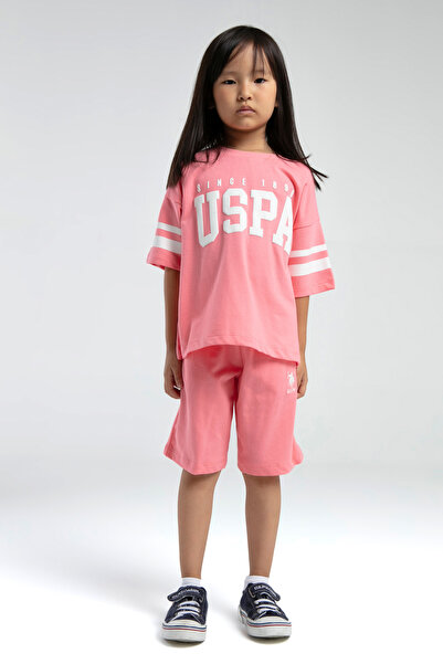 U.S. Polo Assn. Set de două piese, tricou și pantaloni scurți, pentru fete, roz