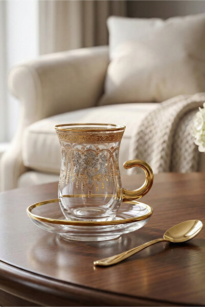 SQUALO Clear Turkish glass tea glasses with saucers – 6-piece hospitality set