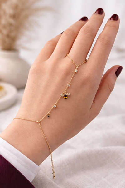 nurjewelry Arı Figürlü Taşlı Şahmeran Bileklik – Altın Renk Zarif Kadın El Zi...