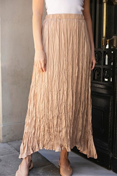 manana fashion Kırışık Kumaş Beli Lastikli İpek Saten Etek