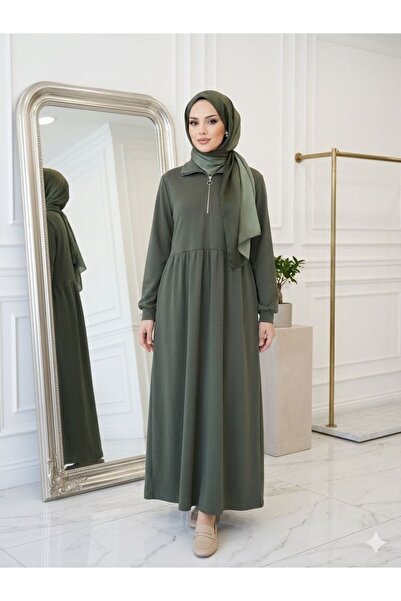 wishne Polo Yaka Fermuarlı Pamuklu Penye Tesettür Elbise Mevlana Kesim Günlük...
