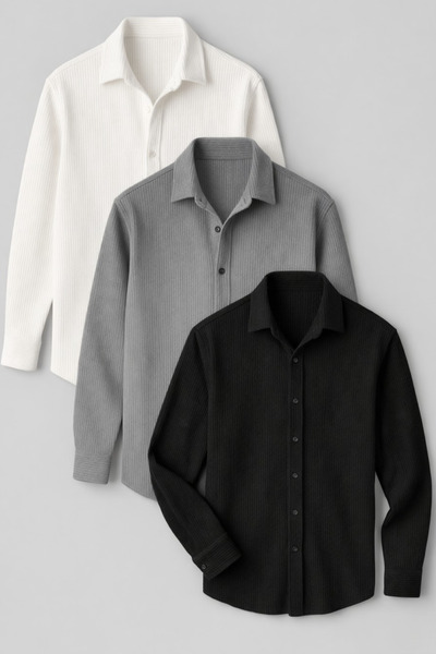 legends butik Men's 3-Piece Premium Corded Fabric Shirt Set – Lightweight Fab...