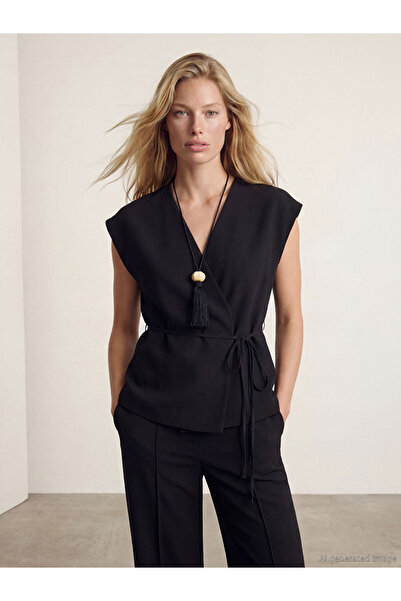 LC Waikiki Black Double-Breasted Collar Women's Classic Vest