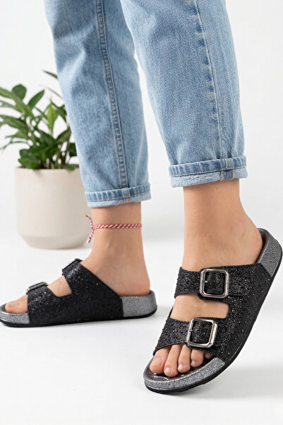 Ekonomik Ayakkabı Women's Black Glittery Pair Buckled Daily Slipper Anatomica...