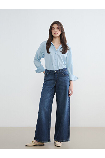 LC Waikiki بنطلون جينز نسائي عالي الخصر واسع الساق من إنديجو