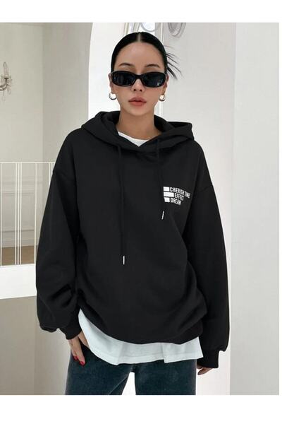 cennet'in butiği Unisex Cherish Time Printed Black Oversized Sweatshirt