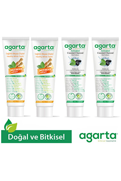 Agarta 4'Lü Set Doğal Florürsüz 2 Adet Misvak 2 Adet Aktif Karbon Diş Macunu