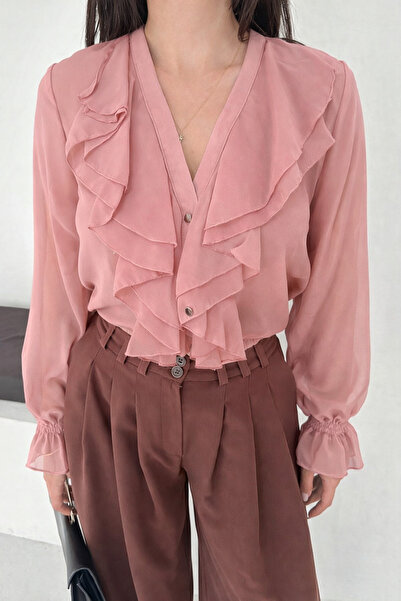 Noi Belis Cămașă neagră transparentă țesătă cu volane SS25GO0010