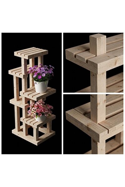 Ev dekka : 4 Katlı Ahşap Çiçeklik Standı - 100x50x25 cm Dekoratif Saksı Rafı