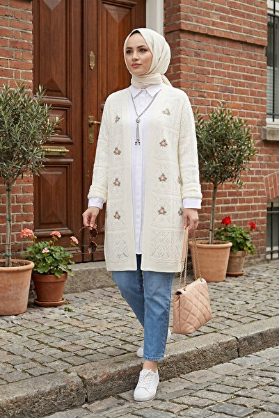 MODAQU Embroidery Decorated Lace-Like Knit Knitwear Cardigan - Ecru