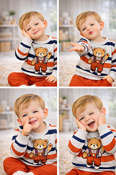 kahkaha kids Βρεφικό αγόρι, παιδικό φούτερ με στάμπα αρκουδάκι και ρίγες, σετ...