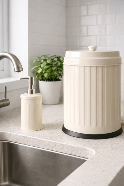 Yufira Life Tezgah Üstü Krem Çöp Kovası ve Sıvı Sabunluk Seti – Kapaklı Mutfa...