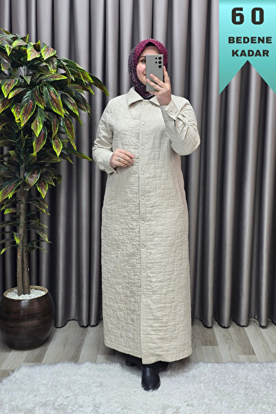 Elmas Tesettür Kadın Giyim Büyük Beden Kapitone Tam Boy Manşet Kol Çıtçıtlı Kap