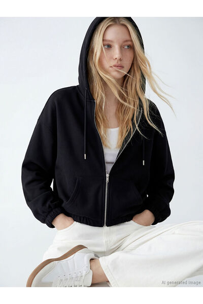 LC Waikiki Black Soft Touch Oversized Women's Zippered Sweatshirt