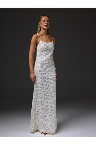 FICKLE HEARTS Ember Ekru Beyaz Payetli Maxi Nikah Düğün Davet Elbisesi