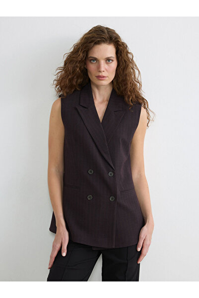 LC Waikiki Burgundy Double-Breasted Collar Striped Women's Classic Vest