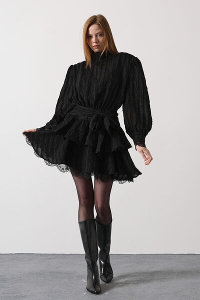 vuvutasarım Glittery Striped Women's Mini Dress with Belt Detail, Pack of Lac...