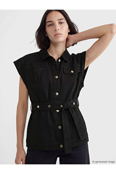 LC Waikiki Black Shirt Collar Belted Women's Jean Vest