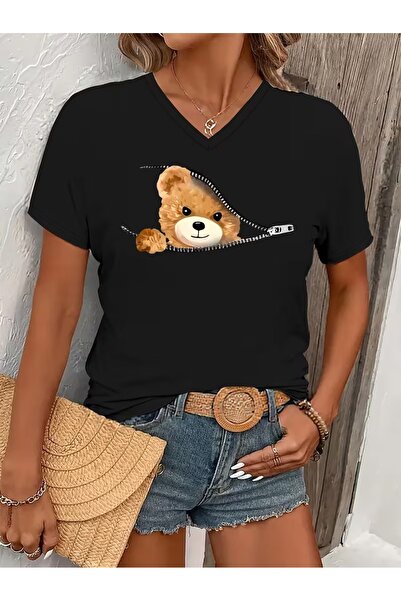WOODROFFE Γυναικείο μπλουζάκι με φερμουάρ σε σχήμα V Cute Bear με τύπωμα Μαύρ...