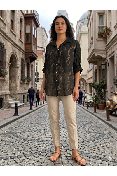 AYASOFYA OTANTIK قميص نسائي إيطالي أسود S لمّاع بنمط أوراق الشجر وتطريز منقوش...