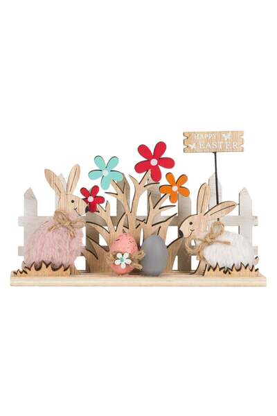 OEM Decoratiune de Paste din Lemn Iepurasi Gardulet Blana 18x5x11cm