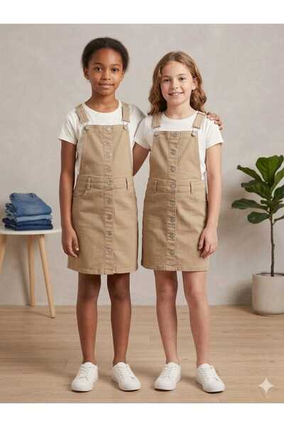 Happy Robin Life Kız Çocuk Bej Salopet Elbise Askılı Gabardin Günlük Şık 8-12...