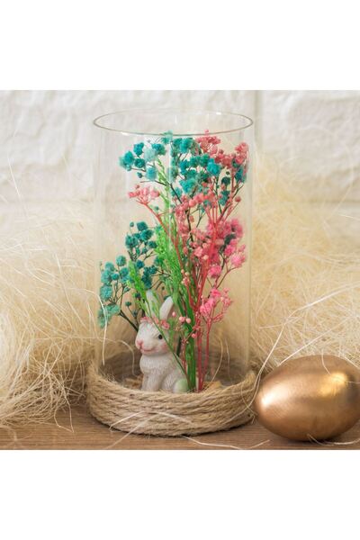 OEM Cupola Decorativa de Paste din Sticla cu Flori Artificiale & Iepuras Ø8x15cm