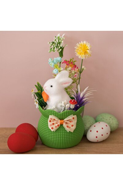 OEM Decoratiune de Paste cu Ghiveci Verde Decorat cu Iepurasi & Flori Ø10x24cm