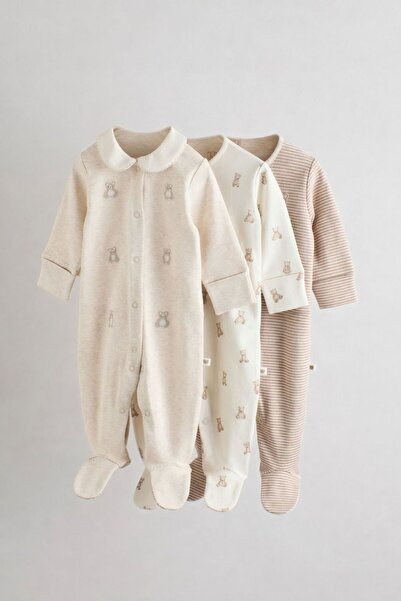 Next Baby Pamuklu Bebe Yaka Krem 3'lü Tulum Set