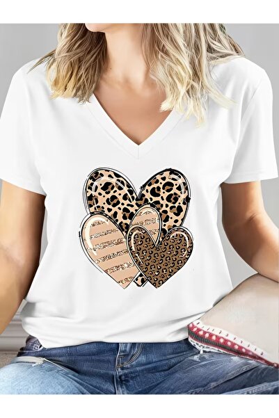 JENOLAN Tricou de damă cu decolteu în V, alb/negru, imprimat, lejer, supradim...