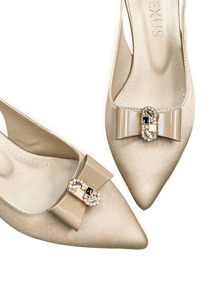 Elexus Γυναικείο σατέν στιλέτο με μεσαίο τακούνι και πέτρινη κορδέλα με αγκράφα