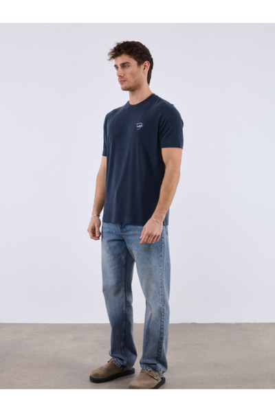 Chirkef Unisex Navy Blue Oversized 100% Cotton Front Text Detailed Crew Neck Street Style T-Shirt Twenty