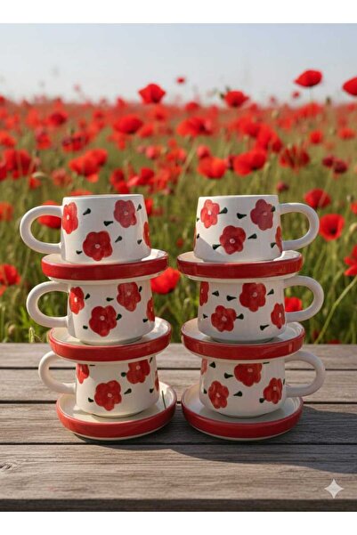 CEYU SERAMİK Kırmızı Gelincik Desenli 6’lı Kupa Takımı 12 Parça