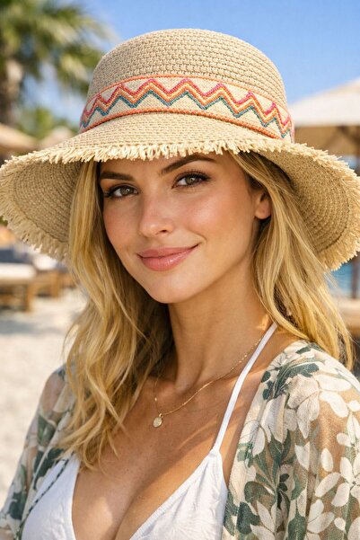 MARBERRY Camel Zigzag Striped Round Straw Women's Hat