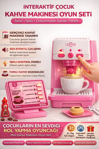 YILDIRIM OYUNCAK Pilli İnteraktif Işıklı Sesli Kahve Makinesi | Dokunmatik Pa...