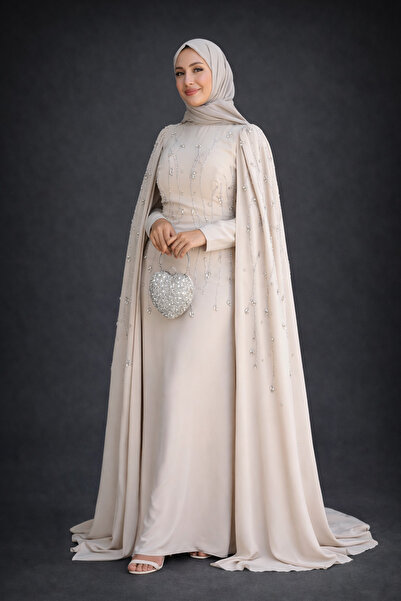 Nulivez Stone Embellished Cape Detailed Evening Dress