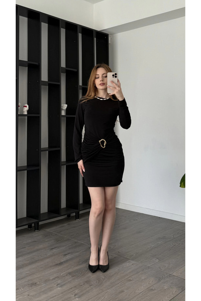 MAT BUTİK Siyah Kalia Broş Bel Detaylı Elbise