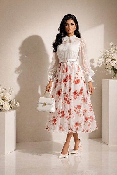 Abad فستان تركي أنيق ميدي باللون الأبيض بقصة كم ناعمه وربطة عنق مزين بطبعات و...