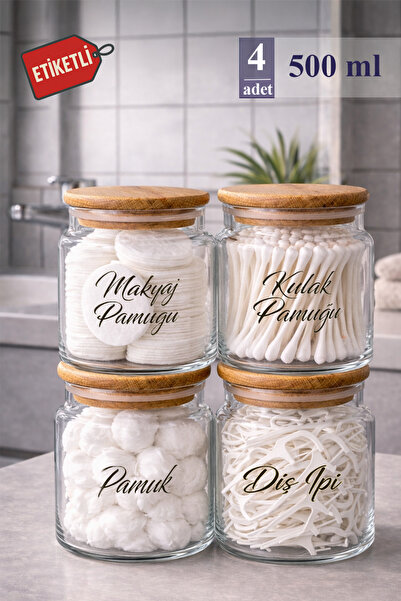 Mutfak Köşesi Pureglass 4lü Büyük Boy Ahşap Kapaklı 500 ml Cam Pamukluk – Eti...