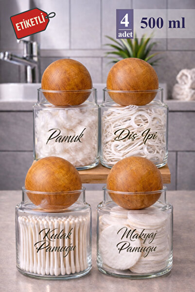 Mutfak Köşesi Pureglass 4lü Büyük Boy Ahşap Kapaklı 500 ml Cam Pamukluk – Eti...