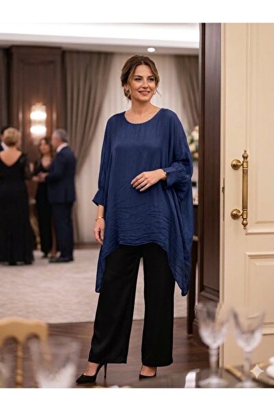 AYASOFYA OTANTIK Women's Italian Navy Blue Round Collar Plain Pattern O Overs...