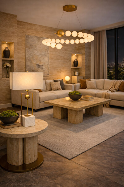 Vinner Prato Mermer Tabanlı Gold Metal Gövdeli Krem Dikdörtgen Şapkalı Premiu...