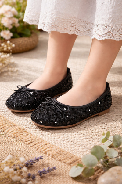 META TREND Kız Çocuk Siyah Fiyonk Detaylı Pullu Simli Günlük Rahat Yumuşak İç...