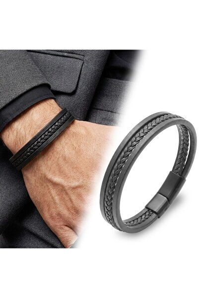 FM 💎   Premium Black Hair Braided Multiple Leather Bracelet 31833B10D5 - 20 cm