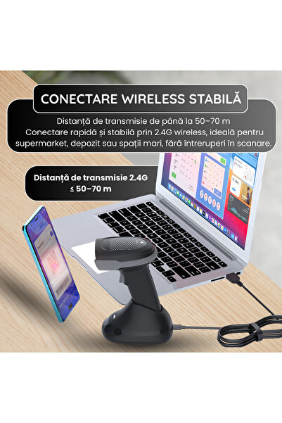 FAMIFY Scanner de coduri de bare 1D/2D/QR Wireless 2.4G Bluetooth USB cu scanare automată pentru POS, retail, depozite și inventar, negru