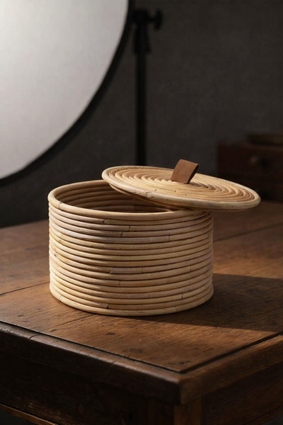 Barine Gouda Deri Saplı Kapaklı Rattan Sepet / Kutu 24X24XH17