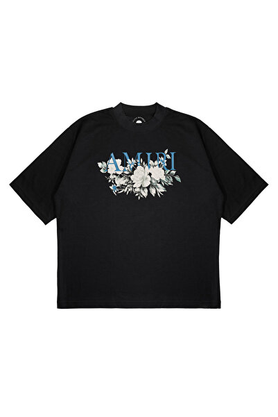 PURE EFFECT Tricou unisex supradimensionat BLUE WRITTEN FLOWER LOGO B cu impr...